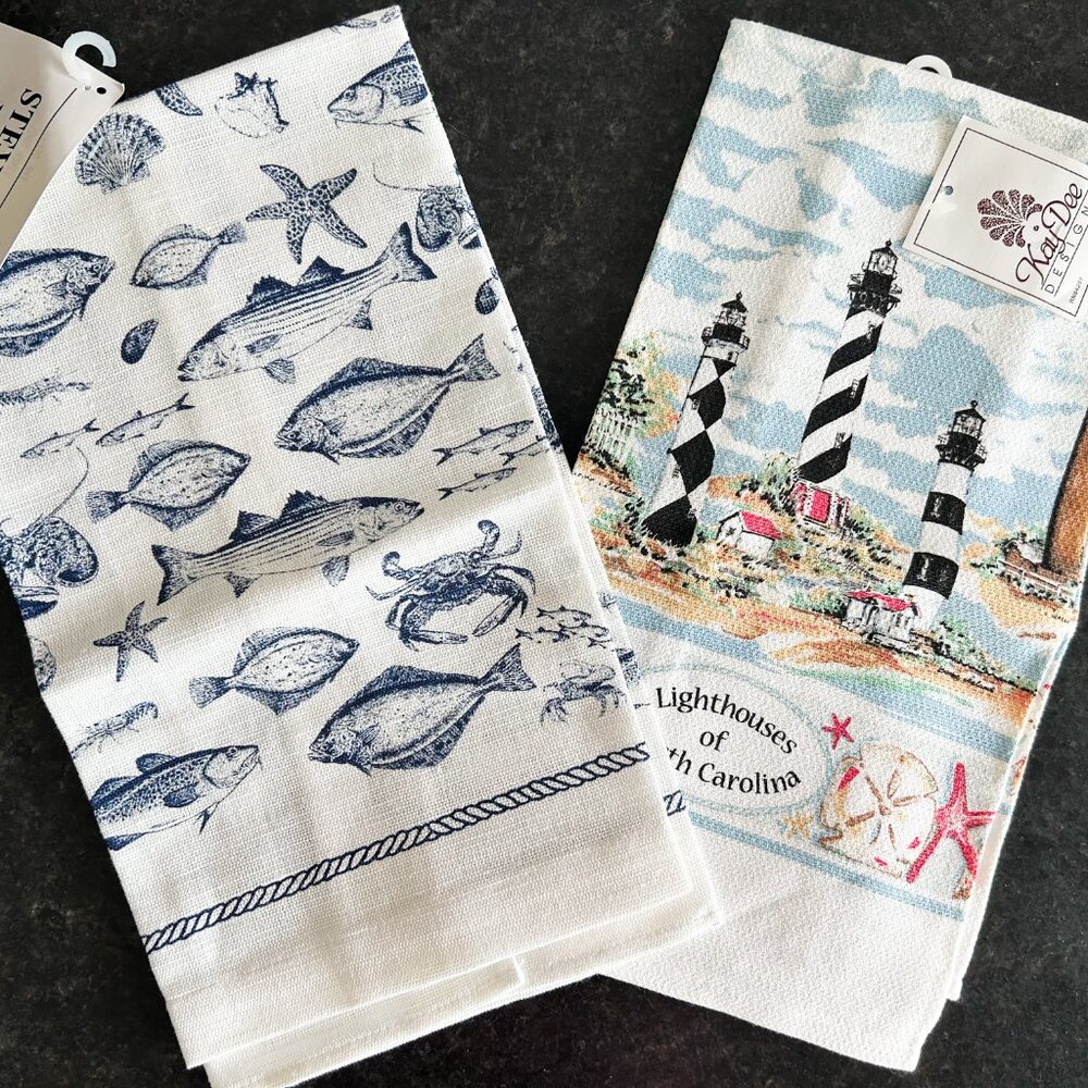 Set of 2 Beach Themed Linen Kitchen Dish Towels, New with tags, Nautical Towels - Picture 4 of 4